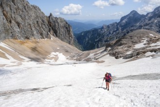 Mountaineer on a snowfield, mountain basin with glacier remnant of the Höllentalferner, Höllental,