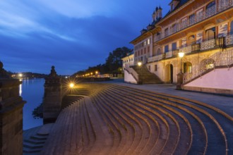 Staircase to the Elbe at the Water Palace of Pillnitz Castle at dusk, Dresden, Saxony, Germany,