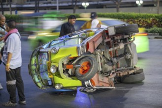 Overturned tuk-tuk, accident, road traffic accident, Bangkok, Thailand, Asia