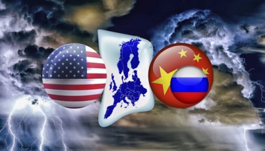Symbolic image, EU European Union and Germany under pressure between USA-China-Russia, Donald