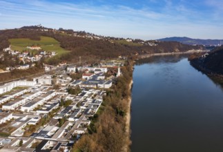 Drone image, housing estate, apartment blocks and high-rise estate, Puchenau, Linz Land district,