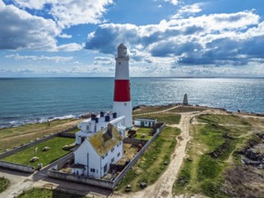 Portland Bill Lighthouse from a drone, Portland Bill, Isle of Portland, Dorset, England, United