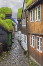 Cobbled alley and traditional wooden houses with turf roofs at Tinganes, the old town of Tórshavn,