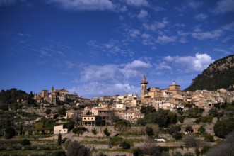 View of the mountain village of Valldemossa, Church Iglesia de la Cartuja, Real Cartuja (Royal