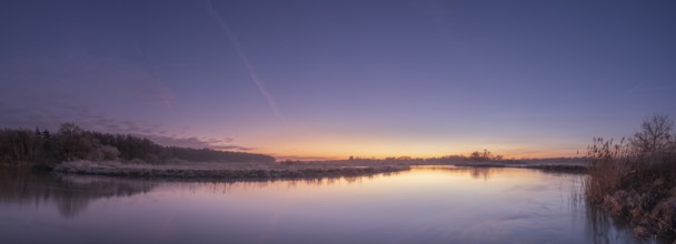 Panoramic view of the river Leine at sunset, winter, snow, ice, frost, cold, season, cosy,