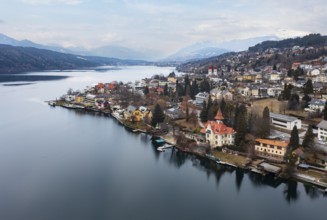 Drone shot, view of the town, Millstatt, Lake Millstatt, Carinthia, Austria, Europe