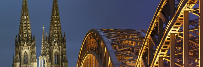 LED lights, evening mood at Cologne Cathedral, Hohenzollern Bridge, Cologne, North