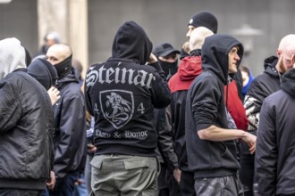 The neo-Nazi group Jung und Stark, JS, demonstrates in the city centre of Essen, demanding the