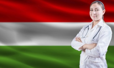 Female Doctor On Hungarian Flag. Doctor With Crossed Arms On Hungarian Flag. Hungary Health And
