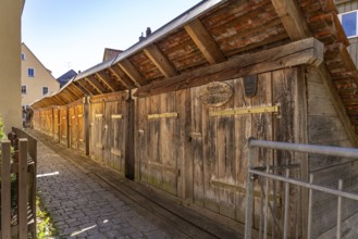 Wooden fish boxes on the Wiesent in Forchheim, Upper Franconia, Bavaria, Germany, Europe