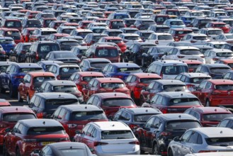 Duisburg, North Rhine-Westphalia, Germany - New cars, transhipment centre, car terminal in Duisburg