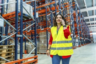 Female manager of a warehouse talking to the mobile phone walking among boxes
