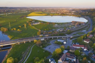 Aerial view of the reservoir with buildings of the former Niederwartha pumped storage plant, in the
