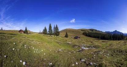Alpine huts and alpine landscape with a view of the Windkogel, Postalm, Osterhorngruppe,