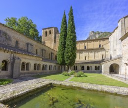 Fish pond and cloister in the abbey of Gellone, also Saint-Guilhem-le-Désert monastery, Département
