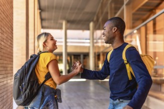Side view of two happy multi-ethnic students shaking hands at the university