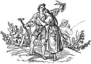 The left-hand reaper of Sumiswald, young man Kuoni harvests grain with a scythe, two lovers, father
