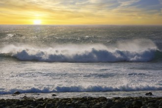 Surf on the west coast, black lava coast, coastline, sunset, El Golfo, Yaiza, Lanzarote, Spain,