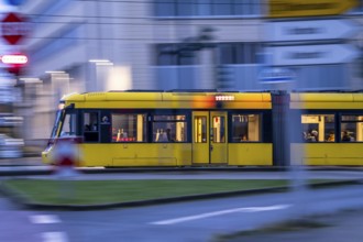 Tram in motion, local public transport, Ruhrbahn in VRR, in Essen, Altendorfer Straße, North
