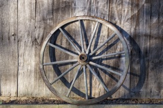 Old wagon wheel leaning against a barn wall, Düstermühle, Legden, district of Wehr, Münsterland,