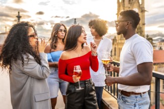 Multi-ethnic people celebrating evening party on rooftop drinking wine and chatting