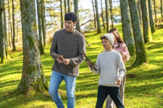 Caucasian father and two children collecting wood for camp fire while trekking in the forest