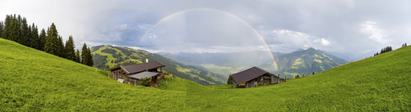 Alpine huts, view over the Brixen Valley with rainbow, Hochbrixen, Brixen im Thale, Kitzbühel Alps,