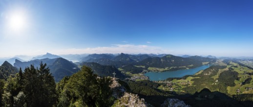 Drone shot, summit cross on the Frauenkopf with a view of Lake Fuschl, Osterhorn group,