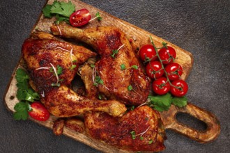 Grilled fried chicken legs, served with fresh cherry tomatoes, and herbs, on a wooden chopping