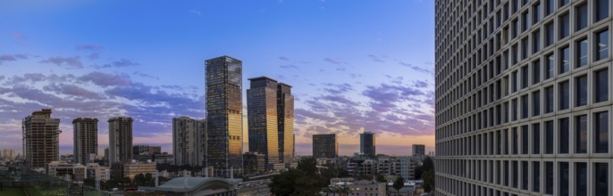Israel, Tel Aviv financial business district skyline with shopping malls and high tech offices,