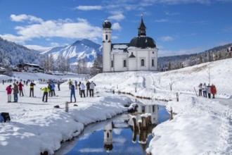 Seekirchl at the ski resort with Hocheder 2797m in winter, Seefeld, Seefeld Plateau, Tyrol,