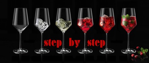 Step by step from empty to full cocktail glass, studio shot