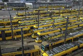 Essen, North Rhine-Westphalia, Germany, Trams at Ruhrbahn depot, Verdi and EVG warning strike,
