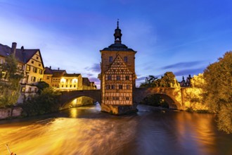 The Old Town Hall in the river Regnitz at dusk, Old Town of Bamberg, Upper Franconia, Bavaria,