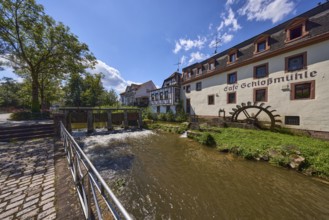 Castle mill, river Mümling, watermill, half-timbered house, historical building, metal railing,