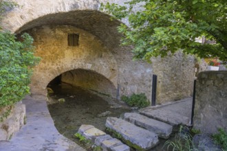 Stepping stones over a water channel, Saint-Guilhem-le-Désert, Département Hérault, France, Europe