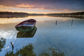 Quiet lake at sunrise, rowing boat moored in the water, Wutzsee, Lindow, Brandenburg, Germany,