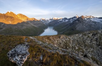 Picturesque mountain landscape at the summit Mont de la Blana at sunset, view of blue mountain