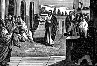 Apostle Paul in Athens proclaiming the unknown God and the Gospel at a public meeting place,