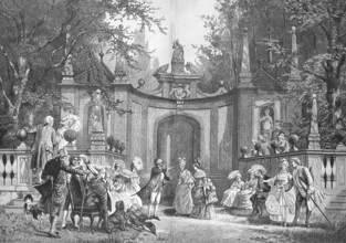 Fine society playing Blindekuh, Blinde Kuh, c. 1880, Germany, Reproduction of an original, c. 1900,