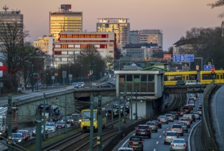 Motorway A40, Ruhr expressway, heavy traffic jam, rush hour, city passage in Essen, skyline of the