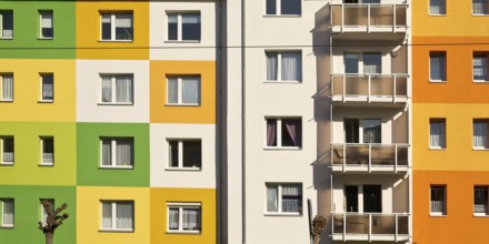 Geometrically and colourfully designed apartment buildings of a housing association, Halberstadt,