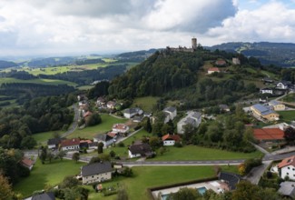 Drone shot, view of the town, Waxenberg castle ruins, Waxenberg, Mühlviertel, Upper Austria,