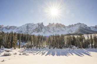 Beautiful landscape of the Mountain silhouettes of the Sexten Dolomites on a sunny winter day,