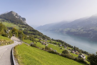 View of Amden with Chapf and Lake Walen, St.Gallen, Switzerland, Europe