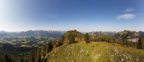 Drone shot, summit of the Einberg with a view of the Lammertal and Tennengebirge mountains,