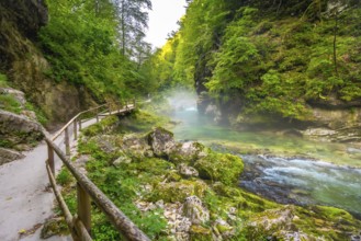 Breathtaking scenery of vintgar gorge with wooden walkway along radovna river near bled, slovenia,