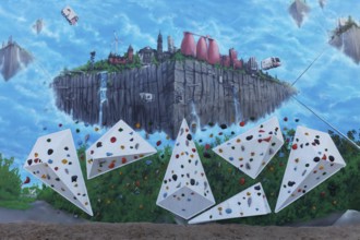 Climbing wall with surreal mural, flying city, by artist duo TUBUKU, Voltaplatz skate park,