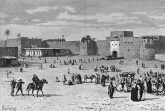 Marketplace at the northern city gate of Baghdad, merchants, trade, city wall with battlements,