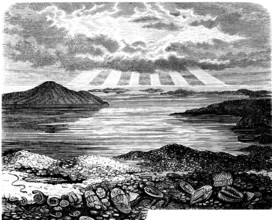 Prehistoric seascape, with islands and mountains, sky, clouds, sunbeams, fossils, Neolithic,